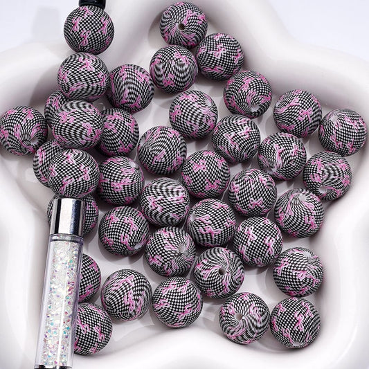 Pink Bowknot Ribbon Black-White Checkered Printed Silicone Beads 15MM, Number Z-00219
