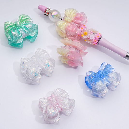 Bling Bling Glitter Bowknot Mini Cute Flowers White Pearls AB Rhinestones Clay Beads, Around 41*34MM