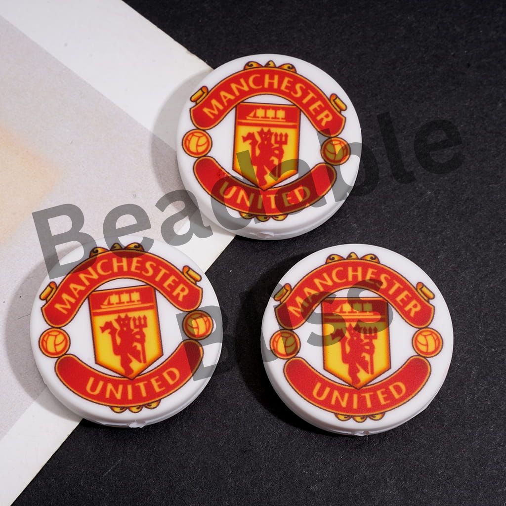 Silicone Focal Beads Football Team Sports Series with Manchester Text Print, 20MM