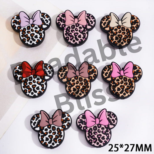 Silicone Focal Beads Leopard Print Girl and Boy Mouse with Bow, Random Mix
