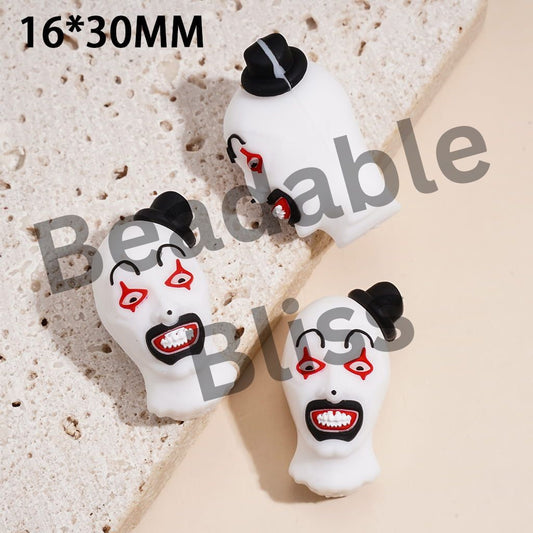 Silicone Focal Beads with 3D Art Clown Character Wearing Black Top Hat