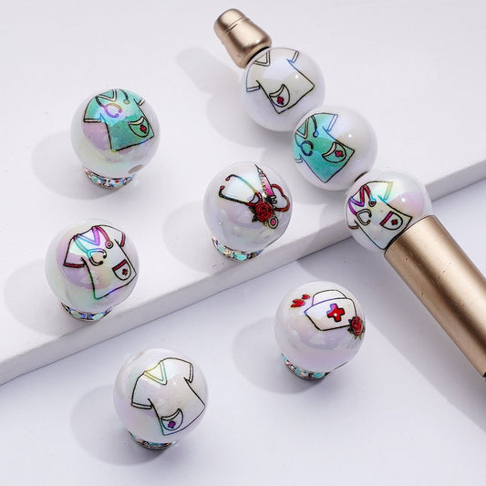 UV Coating Nurse Series Stethoscope Injection Syringe White Round Acrylic Beads, 16MM, Random Mix