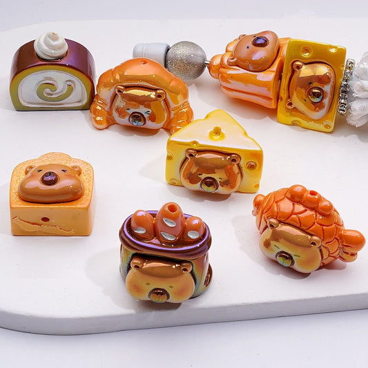 UV Coating Bear Topic Bread Cheese Acrylic Beads, Around 20-30MM, Random Mix