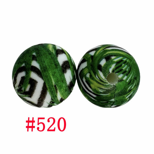 Green Black and White Stripes Printed Silicone Beads, 15mm, Number 520
