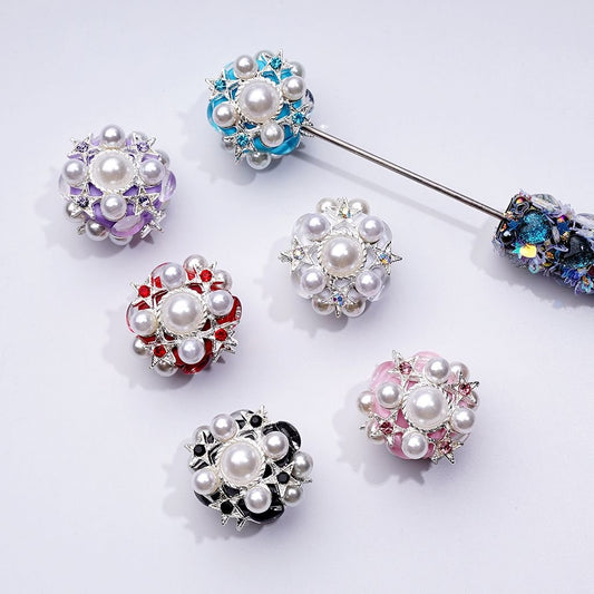 Delicate Fancy Silver Alloy Stars with Shiny Rhinestones White Pearls Clay Beads, Around 29MM