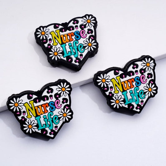 Colorful Nurse Life Mini Flowers Heart Silicone Focal Beads