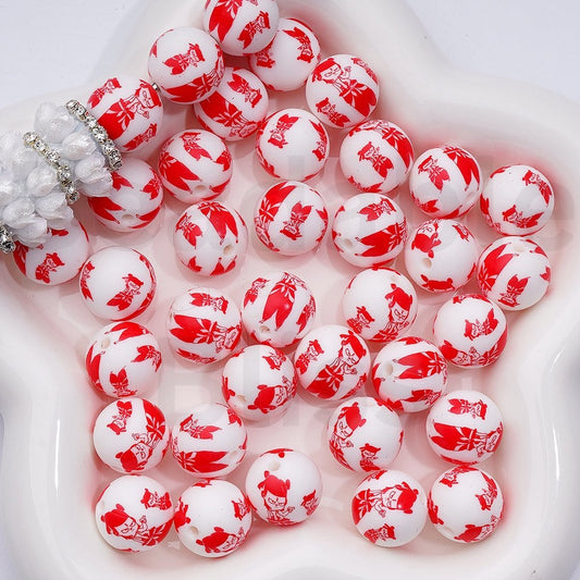Red Cute Nezh White Printed Silicone Beads 15MM, Number Z-00239