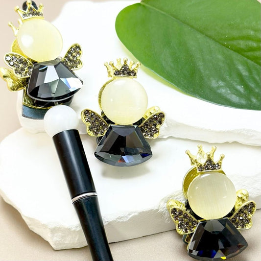 Exquisite Gold Alloy Angel with Crown Black Rhinestones Large Black Diamond Oval Pearls Clay Beads, Around 46*35MM