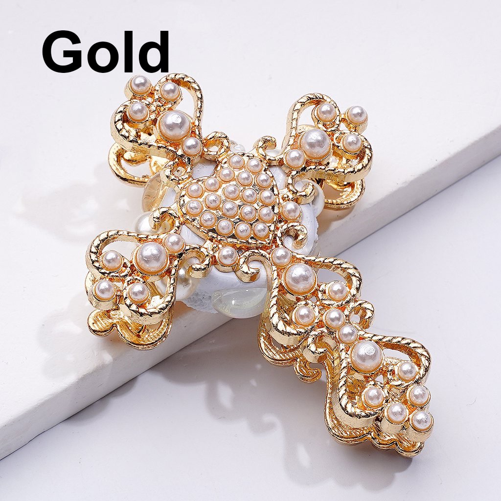 Exquisite Fancy Gold Silver Alloy Cross with White Pearls Clear AB Rhinestones Clay Beads, Around 46*60MM