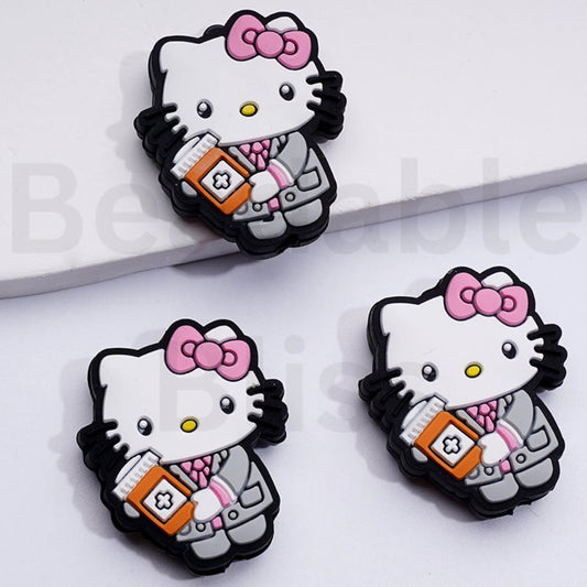 Cute Sanri HK Kitten Nurse Holds a Medicine Bottle Silicone Focal Beads