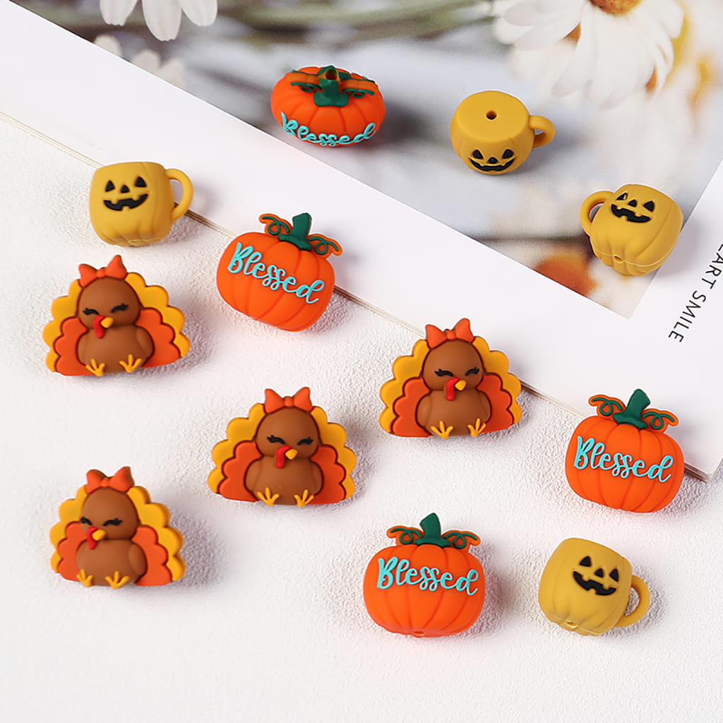 Silicone Focal Beads 3D Thanksgiving Series Turkey Halloween Pumpkin Mug