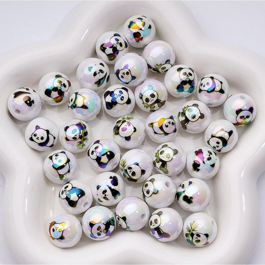 UV Coating Cute Panda White Round Acrylic Beads, 16MM, Random Mix