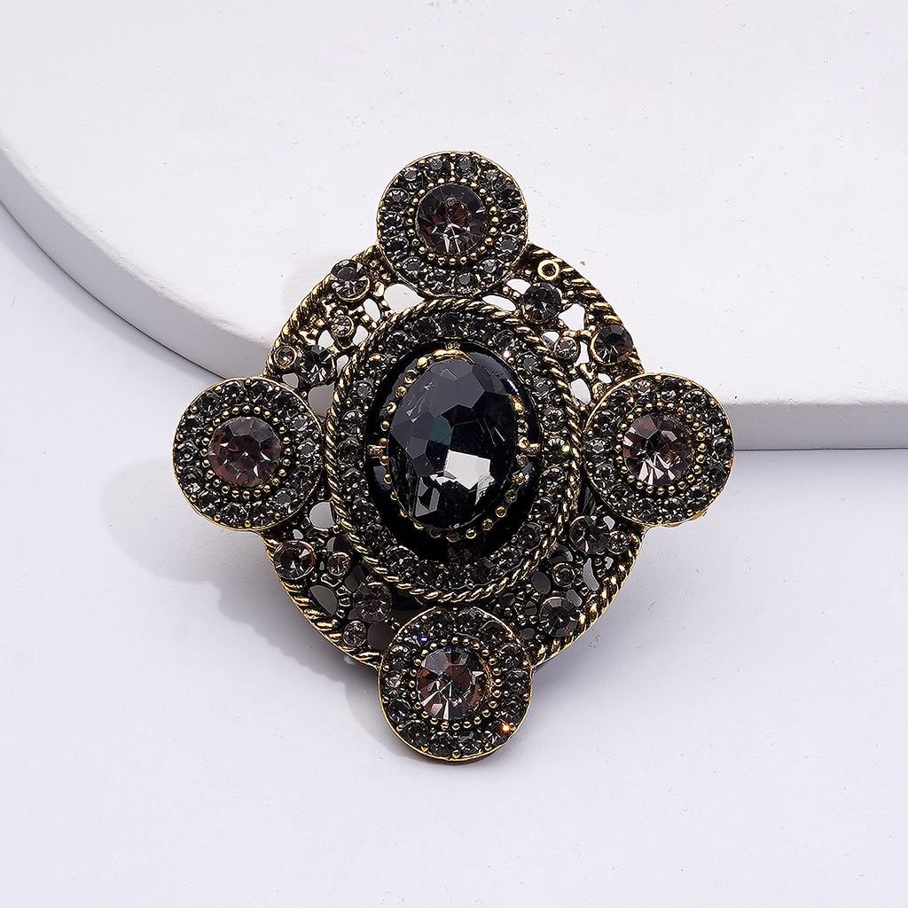 Delicate Fancy Copper Gold Alloy Elliptical Badge Brooch with Shiny Rhinestones White Pearls Cute Hearts Flowers Snowflakes Clay Beads, Around 46*50MM