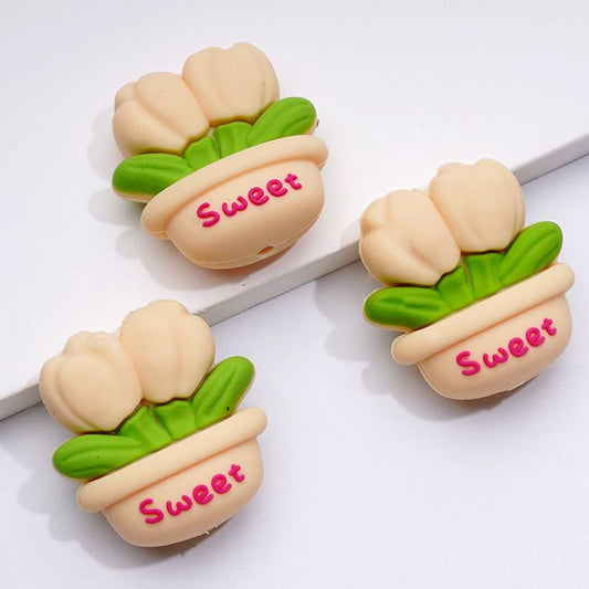 3D Vivid Sweet Cute Flower Tulip Pot Bonsai Silicone Focal Beads