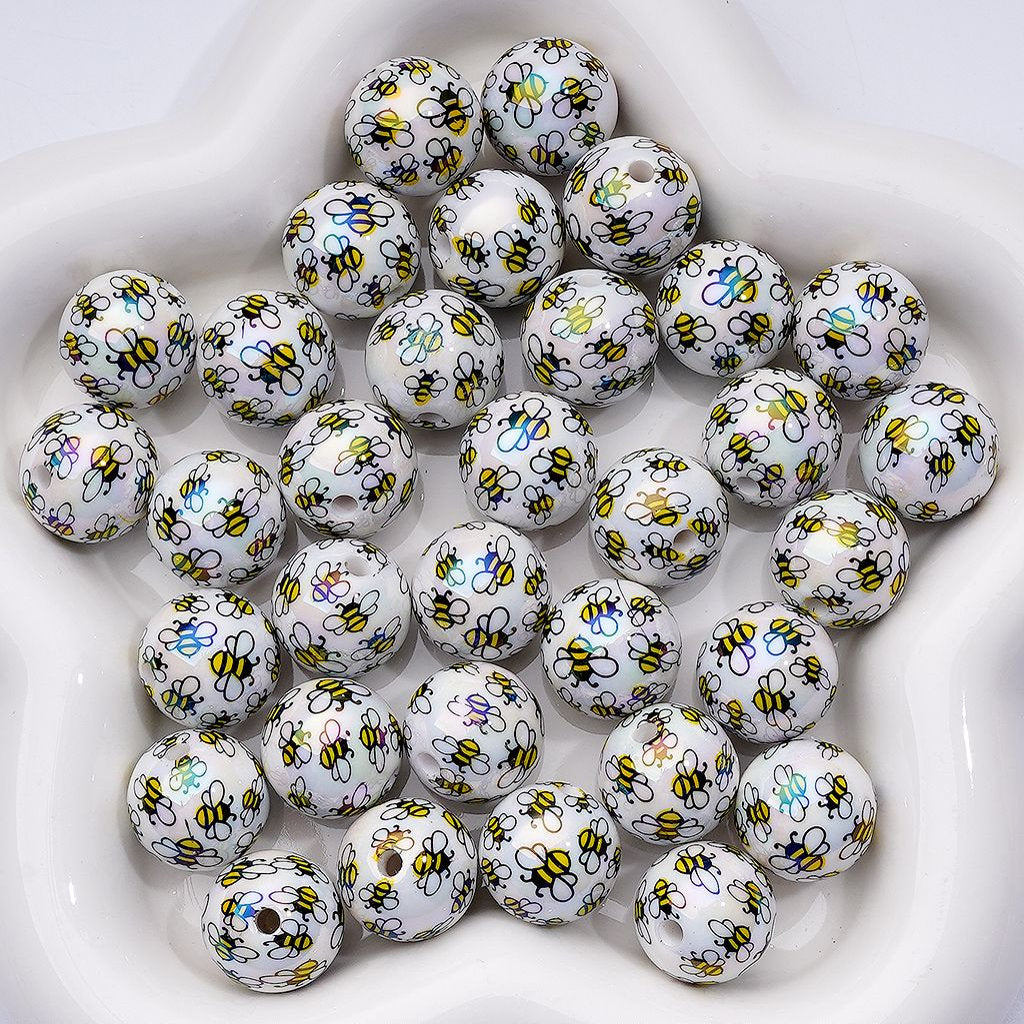 UV Coating Mini Cute Bees White Round Acrylic Beads, 16MM
