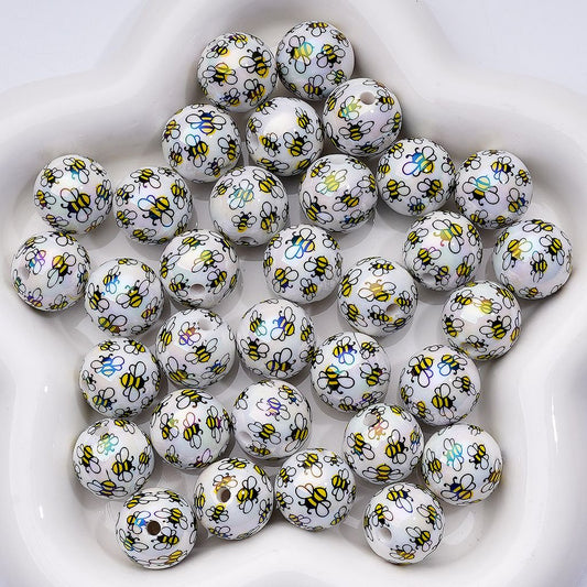 UV Coating Mini Cute Bees White Round Acrylic Beads, 16MM