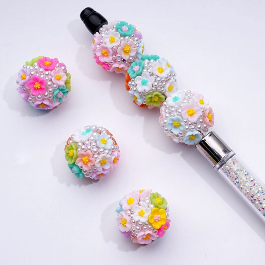Mini Cute Flowers White Pearls Clear Round Resin Acrylic Beads, 20MM, Random Mix