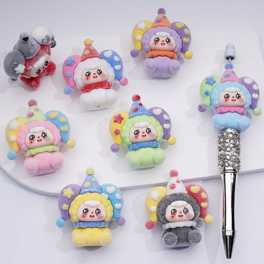 Cute Flocked Fluffy Circus Clown Doll Acrylic Beads, 49*42MM, Random Mix