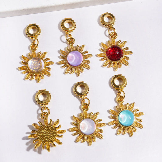 Gold Alloy Bail Beads with Butterfly, Charm Pendant Sun with Rhinestones, Multi-Color, Random Mix