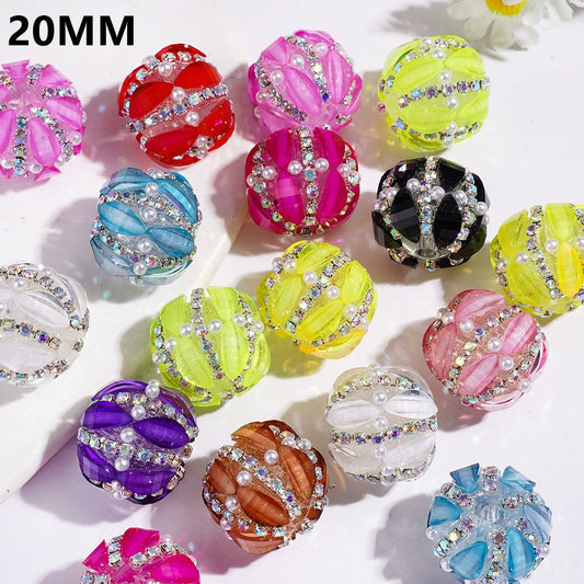 Acrylic Beads with Leaf Shaped and AB Rhinestone Chains, White Pearls, Fluorescence Color, 20MM (Please Read Description)