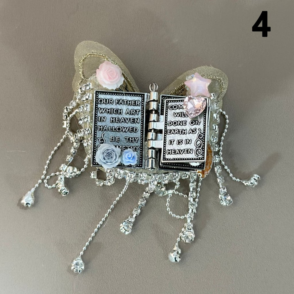 Delicate Fancy Gun Black Alloy Book with Clear Rhinestone Chains Large Crescent Moon Covered by Sugar Exquisite Fabric Butterfly Mini Cute Flower Heart Star Diamonds Beads,  Around 59*45MM, Random Mix