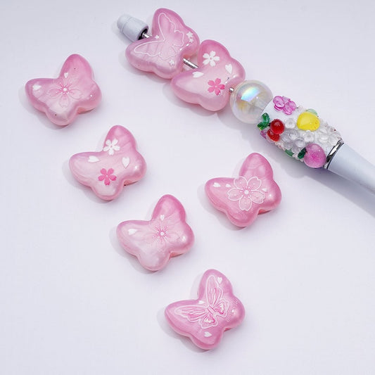Cute Pink Butterfly with Plum Blossom Flower Acrylic Beads, Around 26*22MM