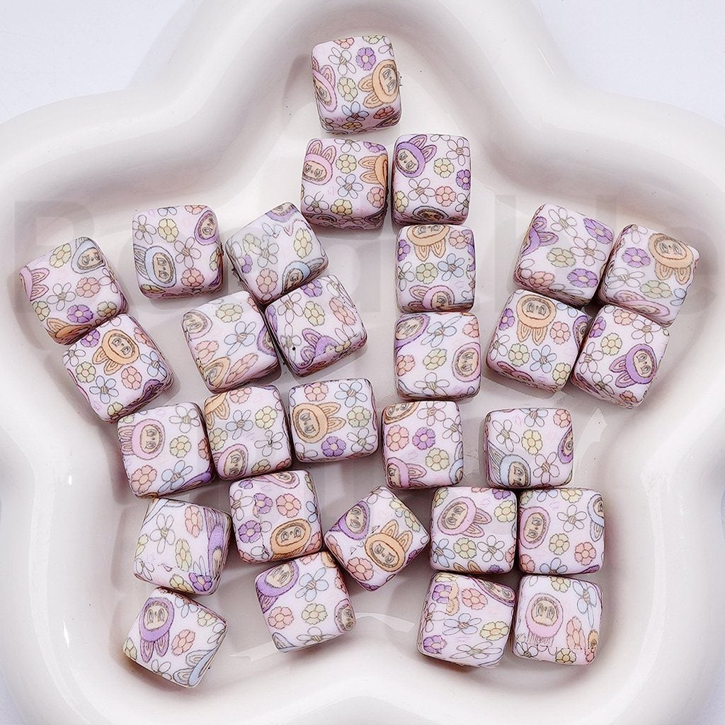 Cute Labub Flowers Printed Cube Square Silicone Beads, 14MM