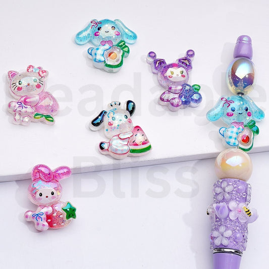 UV Coating Cute Glitter Sanri & Fruits Family Hello Kitt Peach My Melod Strawberry Cinnamonrol Avocado  Kurom Grape Pochacc Watermelon Acrylic Beads Mix