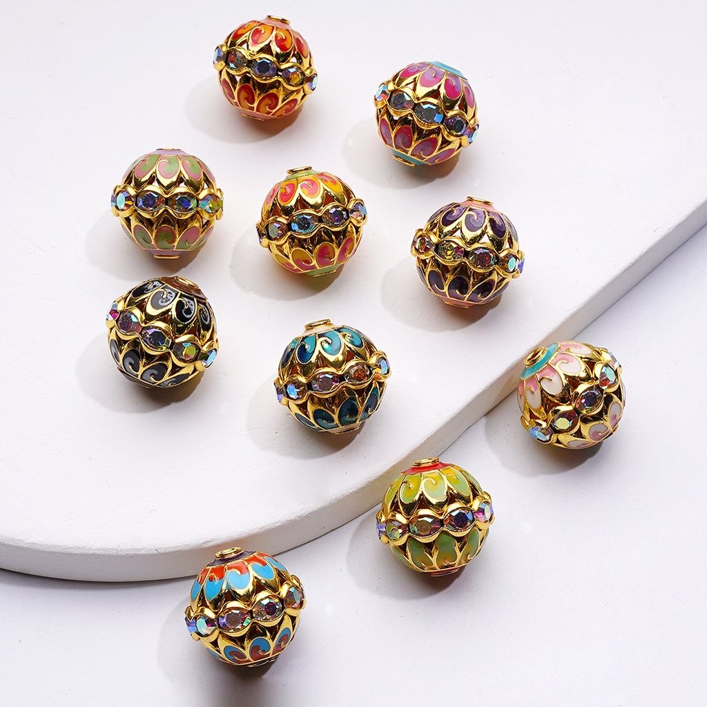 Gold Silver Alloy Nepal Beads with Colorful Paintings AB Rhinestones, Around 15*16MM