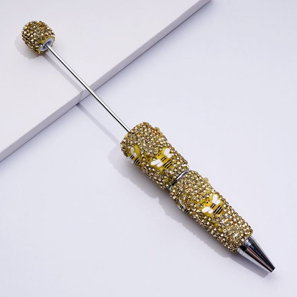 Beadable Clay Pens with Little Cute Yellow Bee Gold Color Rhinestones Covered the Entire Pen