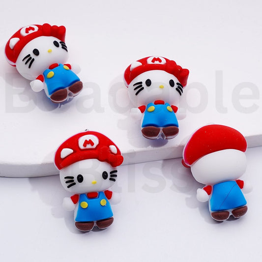 3D Cute HK Kitten with Super Mari Hat Silicone Focal Beads