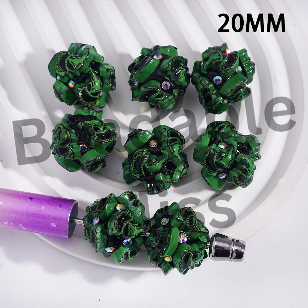 Clay Beads with Green Evil Character and AB Rhinestones, 20MM