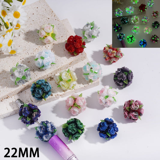 Clay Beads with Luminous Heart-Shaped Rose Flowers and Leaves, 22MM, Multi-Color, Random Mix
