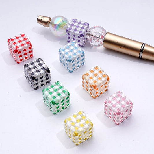 Macaron Color Checkered Clear Cube Square Acrylic Beads, Around 14MM