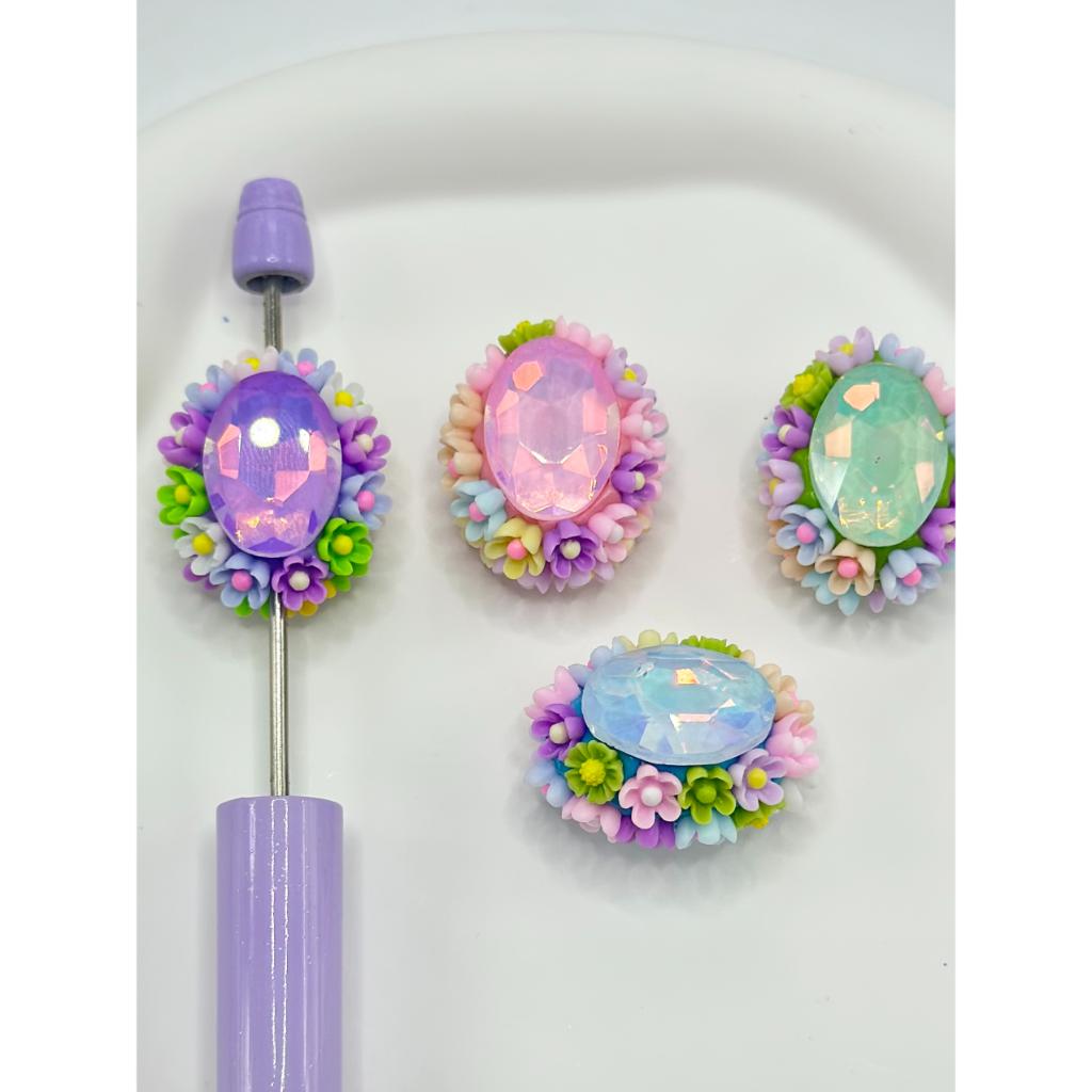 Oval Shaped Clay Beads with Rhinestones and Colorful Flowers,ff