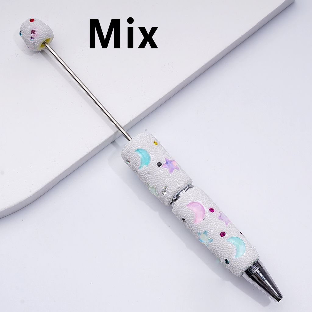 Beadable Clay Pens with Cute Stars Crescent Moon Colorful Shiny Rhinestones Mini White Snow Balls