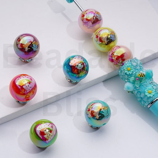 UV Coating Cute Strawberry Shortcak Girl Round Acrylic Beads, 16MM, Random Mix