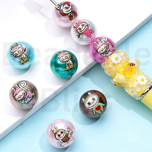 Glossy Shiny Pop Mar Cute Labu Monster Design Round Acrylic Beads, 16MM, Random Mix