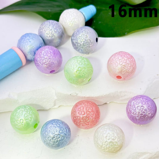 光沢のあるカラフルな丸いアクリルビーズ、小さなかわいい花付き、16MM、説明をお読みください