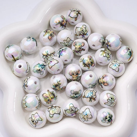 UV Coating Cute Koala White Round Acrylic Beads, 16MM, Random Mix