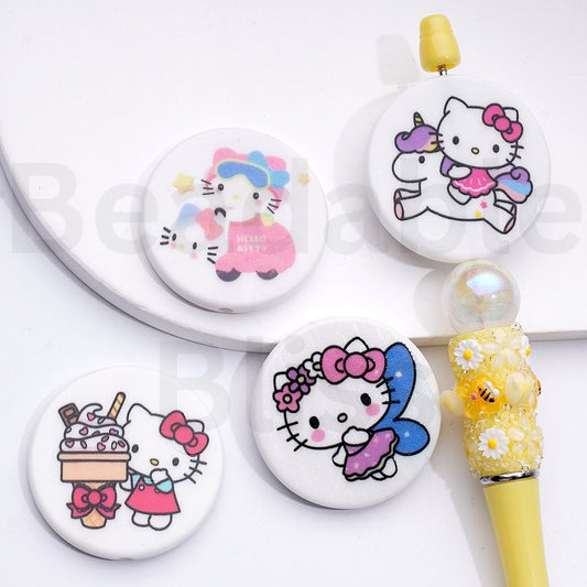 Cute HK Kitten with Blue Wings Ice Cream Drives a Car Unicorn Sanri Round Flat Acrylic Beads, Around 38MM