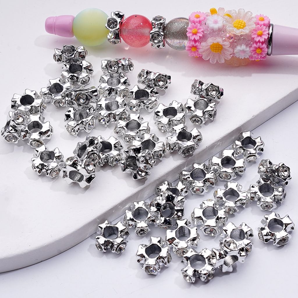 Silver Alloy Metal Cross Shape Spacer with Large Hole Clear Rhinestones, 12MM