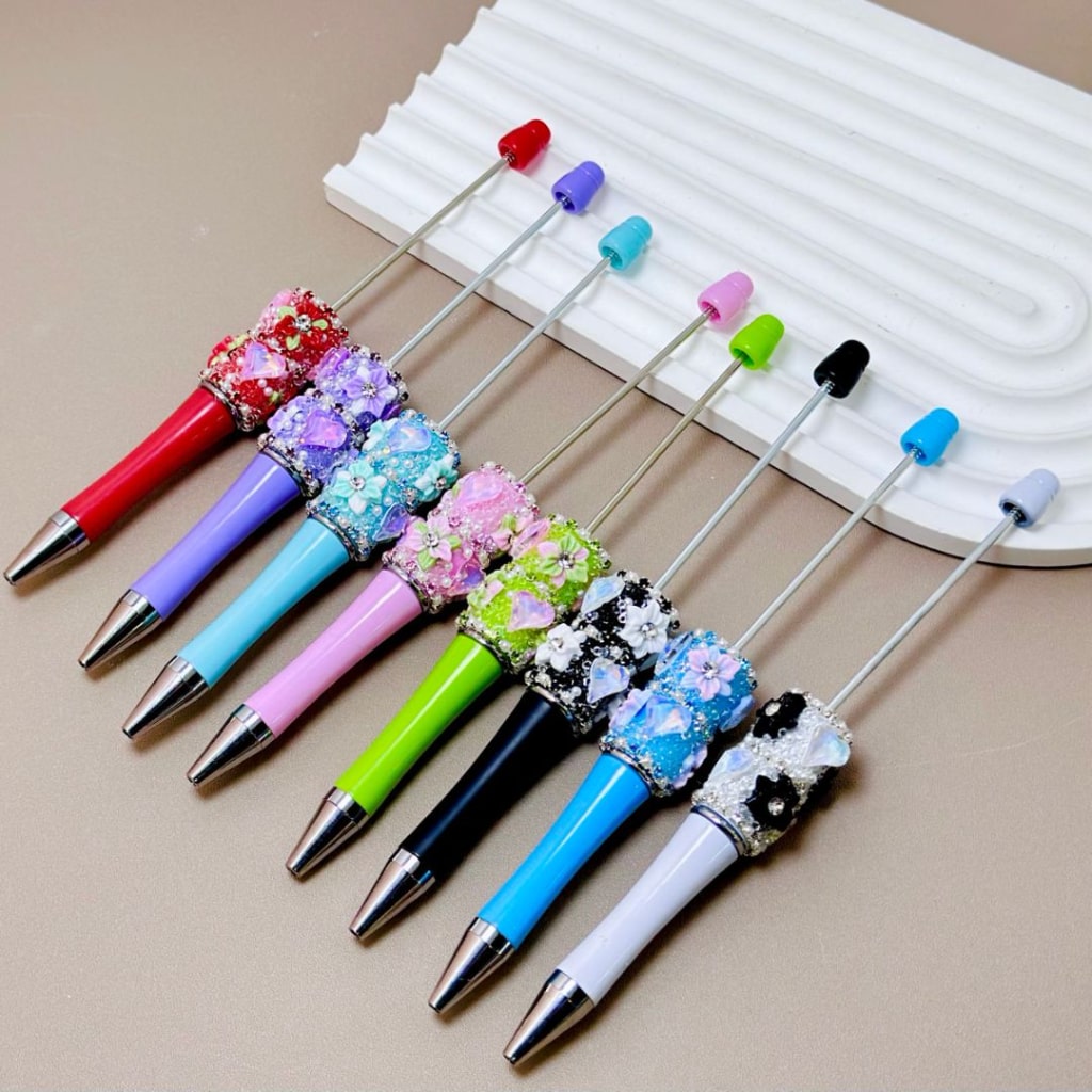 Cartoon Rhinestone Pen Beadable Pen with White Pearl & Rhinestone Chain Colorful Mini Flower ...