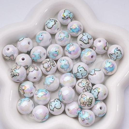 UV Coating Cute Elephant White Round Acrylic Beads, 16MM, Random Mix