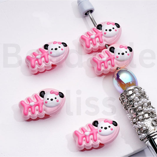 Cute Hand Painted Pink Fish Bone with Pochacc Head Acrylic Beads, 15*25MM