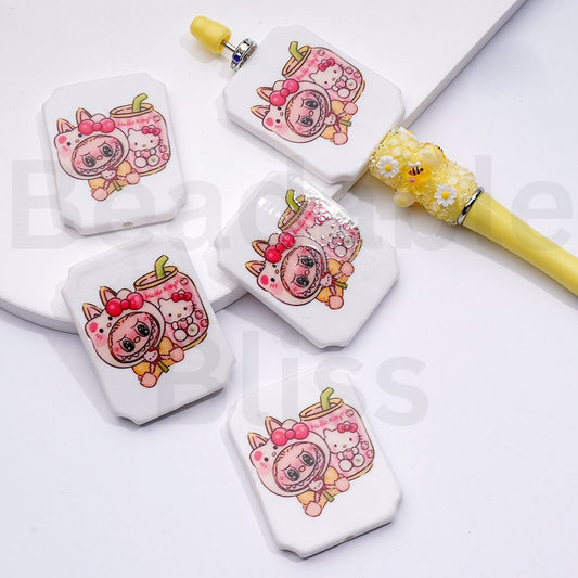 Cute Labub Monster HK Kitten Drink Pop Mar Sanri Rectangle Acrylic Beads, Around 45*35MM