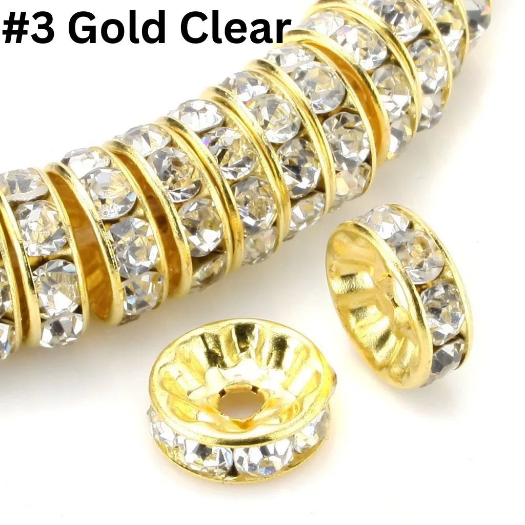 Straight Flat Round Metal Spacers with Rhinestones in Solid Colors, 10mm