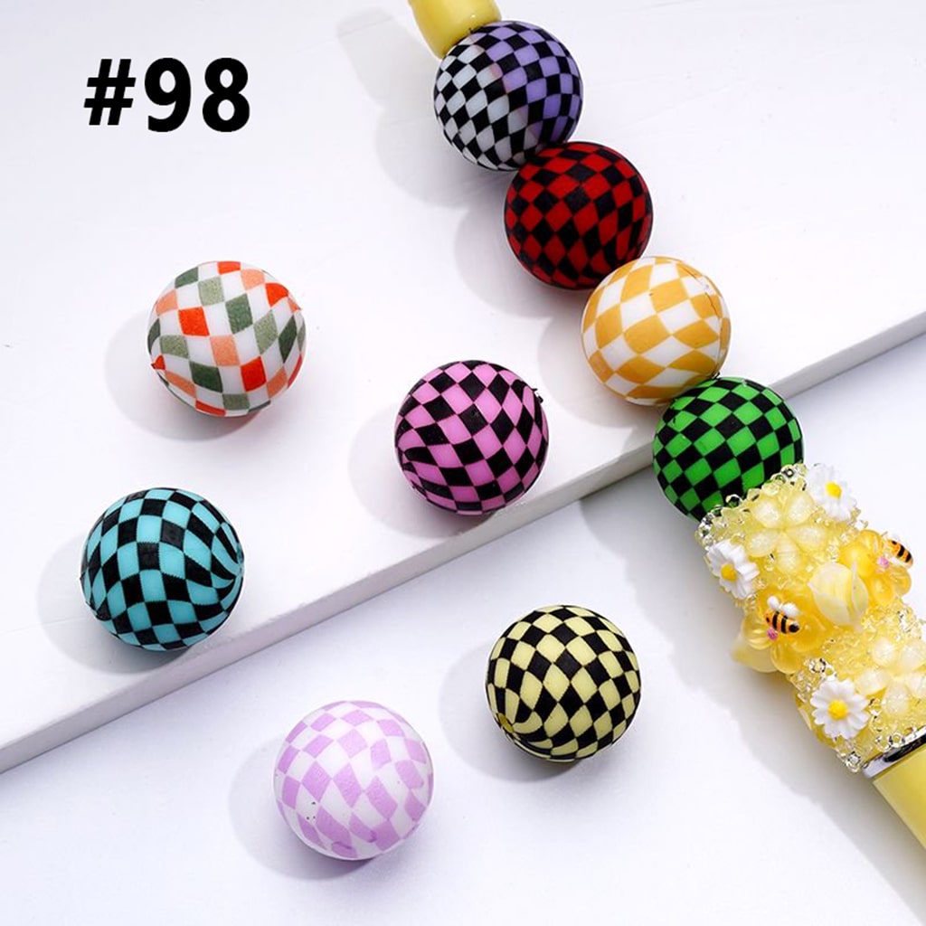 Checkered Pattern Round Silicone Beads Random Mix 15mm