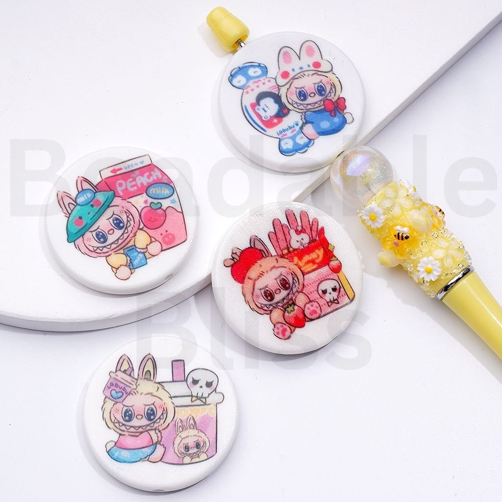 Cute Labub Monster Sweet Candy Peach Drink Yogurt Pop Mar Round Flat Acrylic Beads, Around 38MM