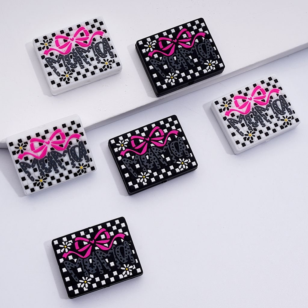 Mama Red Bowknot Mini Cute Flower Black-White Checkered Rectangle Silicone Focal Beads